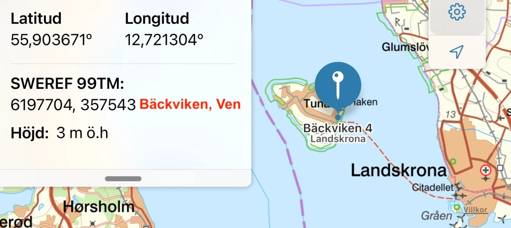 Figure 1. Coordinates of harbor on the island of Ven from SWEREF.