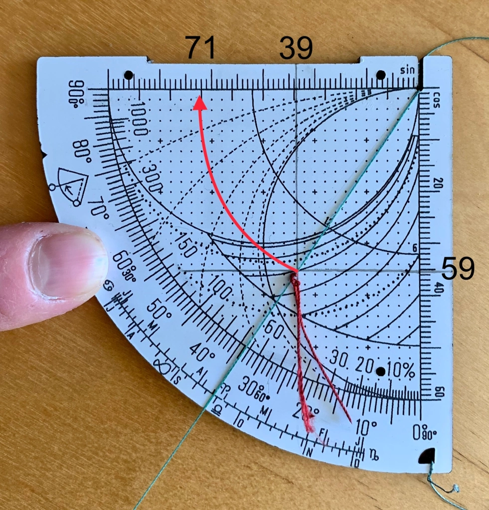 Figure 4. My triangle has the sides 39, 59, and 71 as measured along the decimal scale.