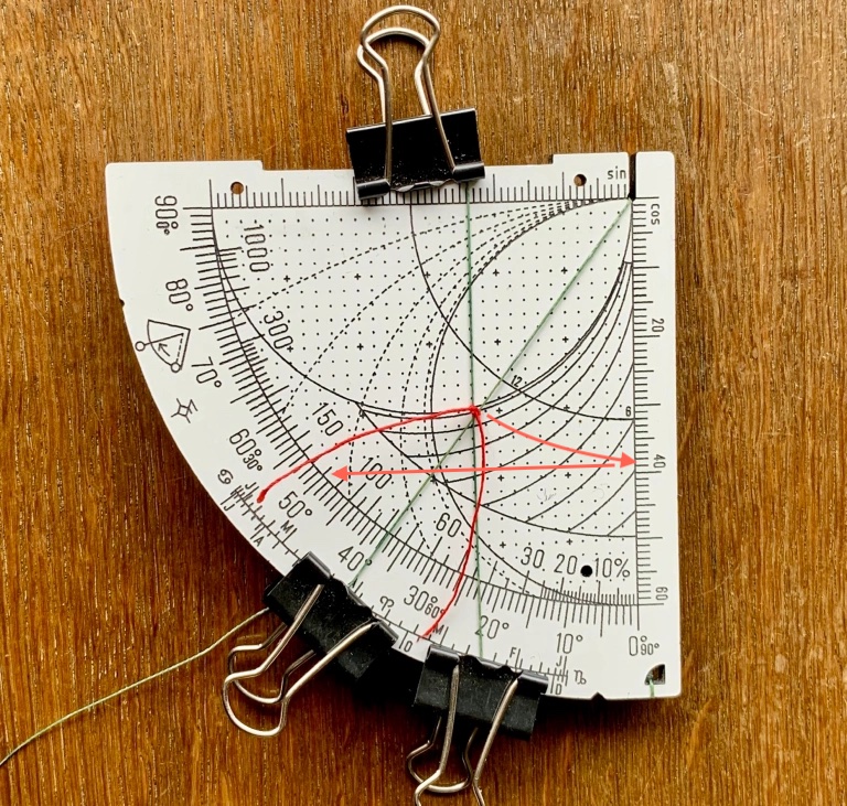 arccos(sin(23.44°)/sin(38°)) = 50°